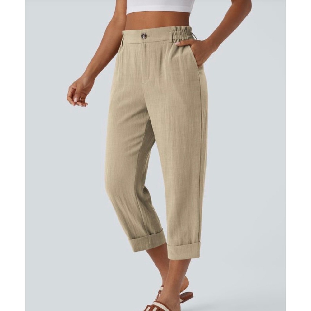 Halara Cropped Pants XL Tan Linen-Feel High Rise Elastic Waist Cuffed Trousers